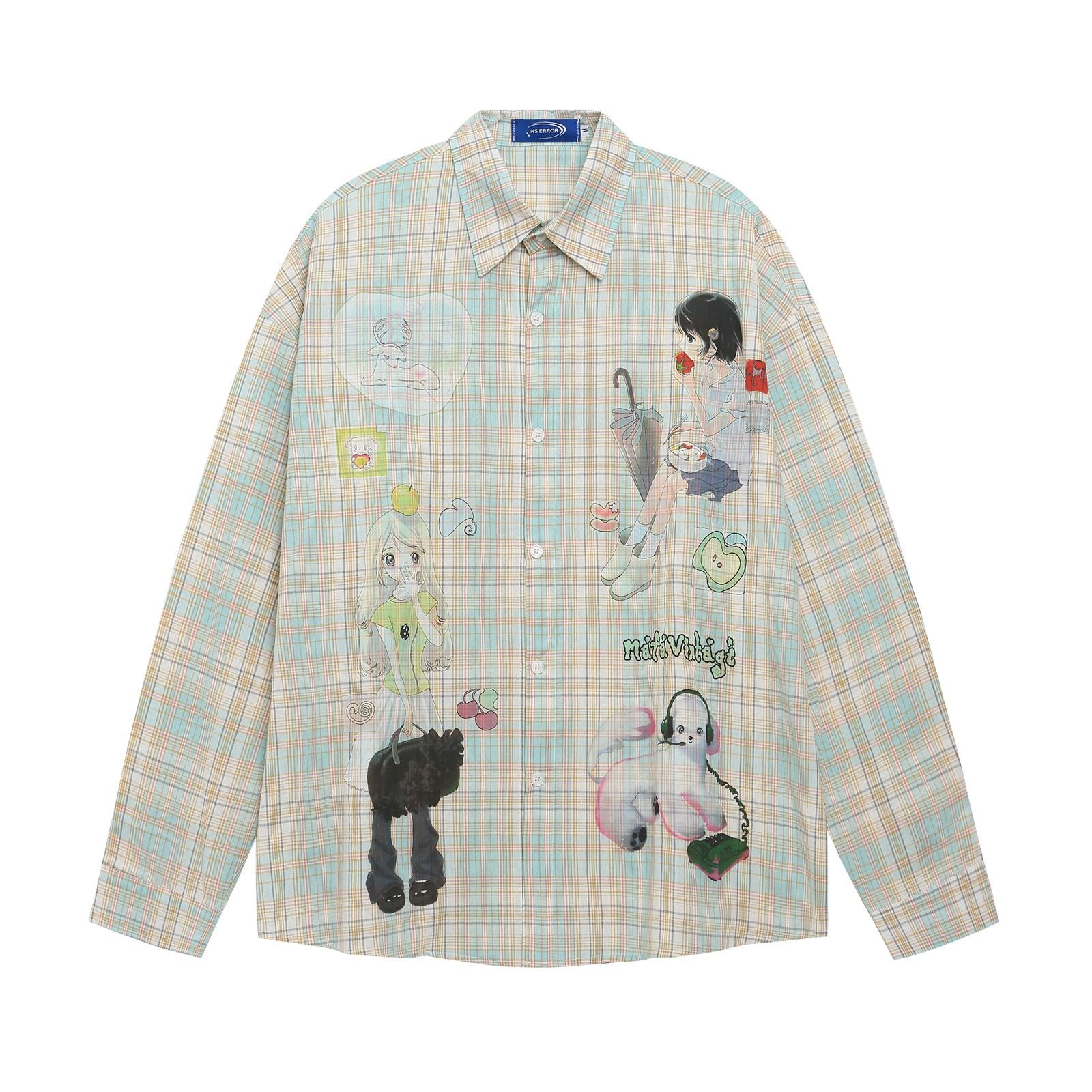 Style Fun Cartoon Print Plaid Long Sleeve Shirt Unisex Loose Fit All-Match Long Sleeve Blouse Jacket eprolo