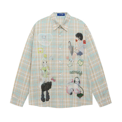 Style Fun Cartoon Print Plaid Long Sleeve Shirt Unisex Loose Fit All-Match Long Sleeve Blouse Jacket eprolo