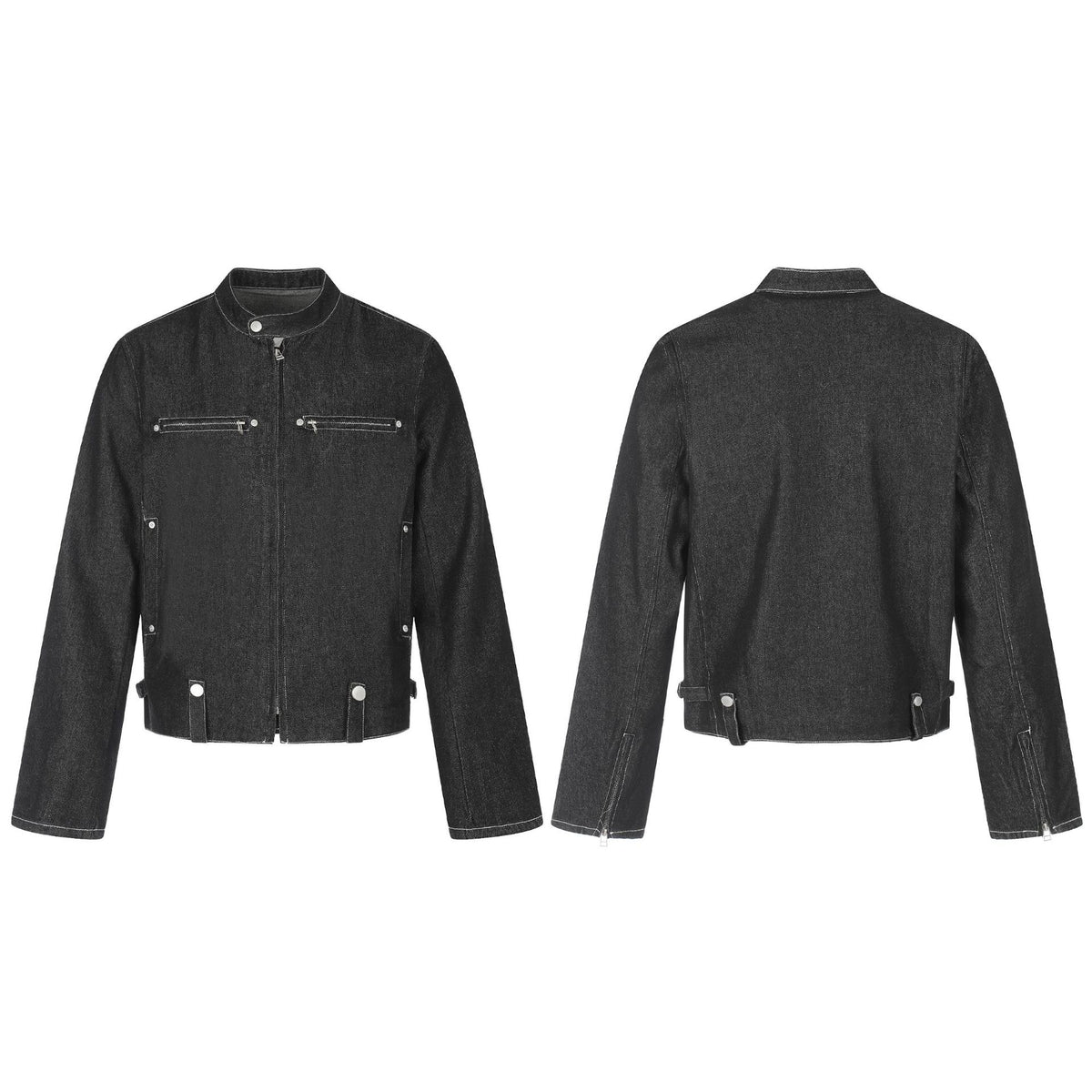 Denim Multi-Zipper Stand Collar Cropped Slim Biker Jacket For Men | MuddyStock Originals