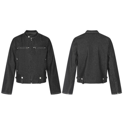 Denim Multi-Zipper Stand Collar Cropped Slim Biker Jacket For Men | MuddyStock Originals