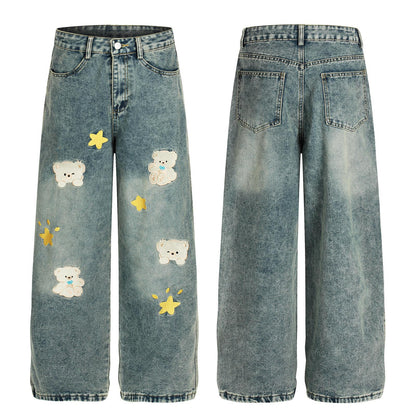 Casual Loose Fit Cartoon Embroidery Distressed Denim Pants For Women | MuddyStock Originals eprolo