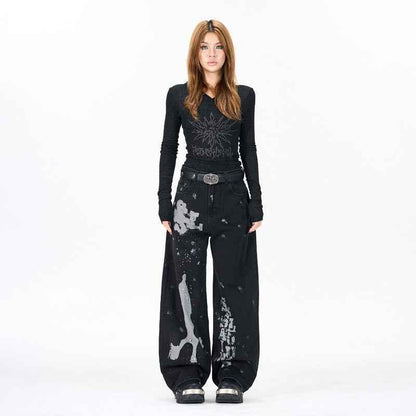 Vintage washed printed design jeans for women | MuddyStock Originals
