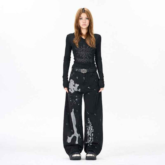Vintage washed printed design jeans for women | MuddyStock Originals