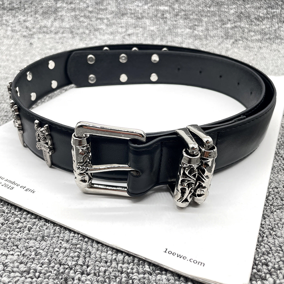 Hollow punk style pu belt Black 108cm