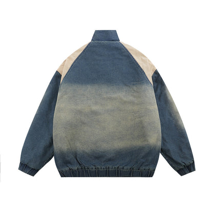 Contrast Color Spray Paint Wash Denim Stand-up Collar Cotton-padded Jacket For Men