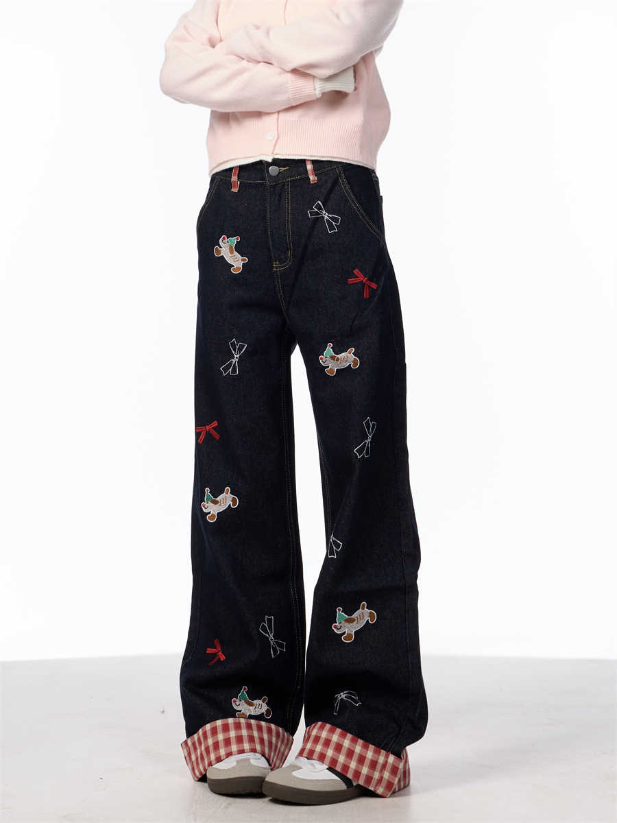 Vintage Bow Puppy Embroidered Wide Leg High Waist Jeans For Women MuddyStock
