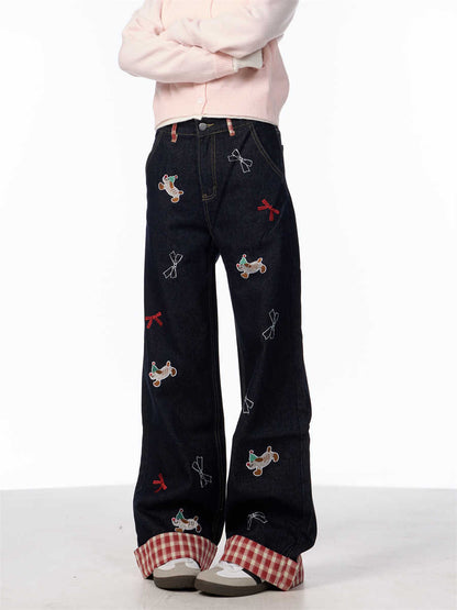 Vintage Bow Puppy Embroidered Wide Leg High Waist Jeans For Women MuddyStock