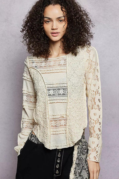 Round Neck Long Sleeve Top with Lace Detail