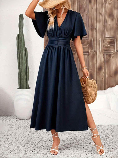 Side Slit Surplice Flutter Sleeve Midi Dress Dark Navy Trendsi