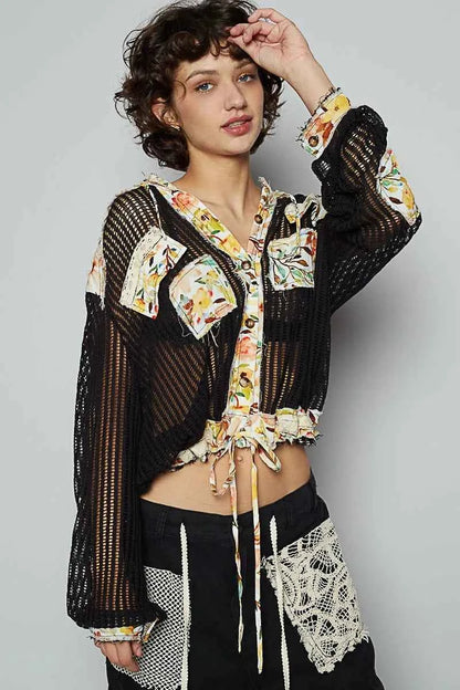 Vintage Washed Crochet Hoodie Top With Patchwork For Women BLACK MULTI Trendsi