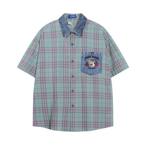 Plaid Loose Short Sleeve Shirt For Men And Women Green