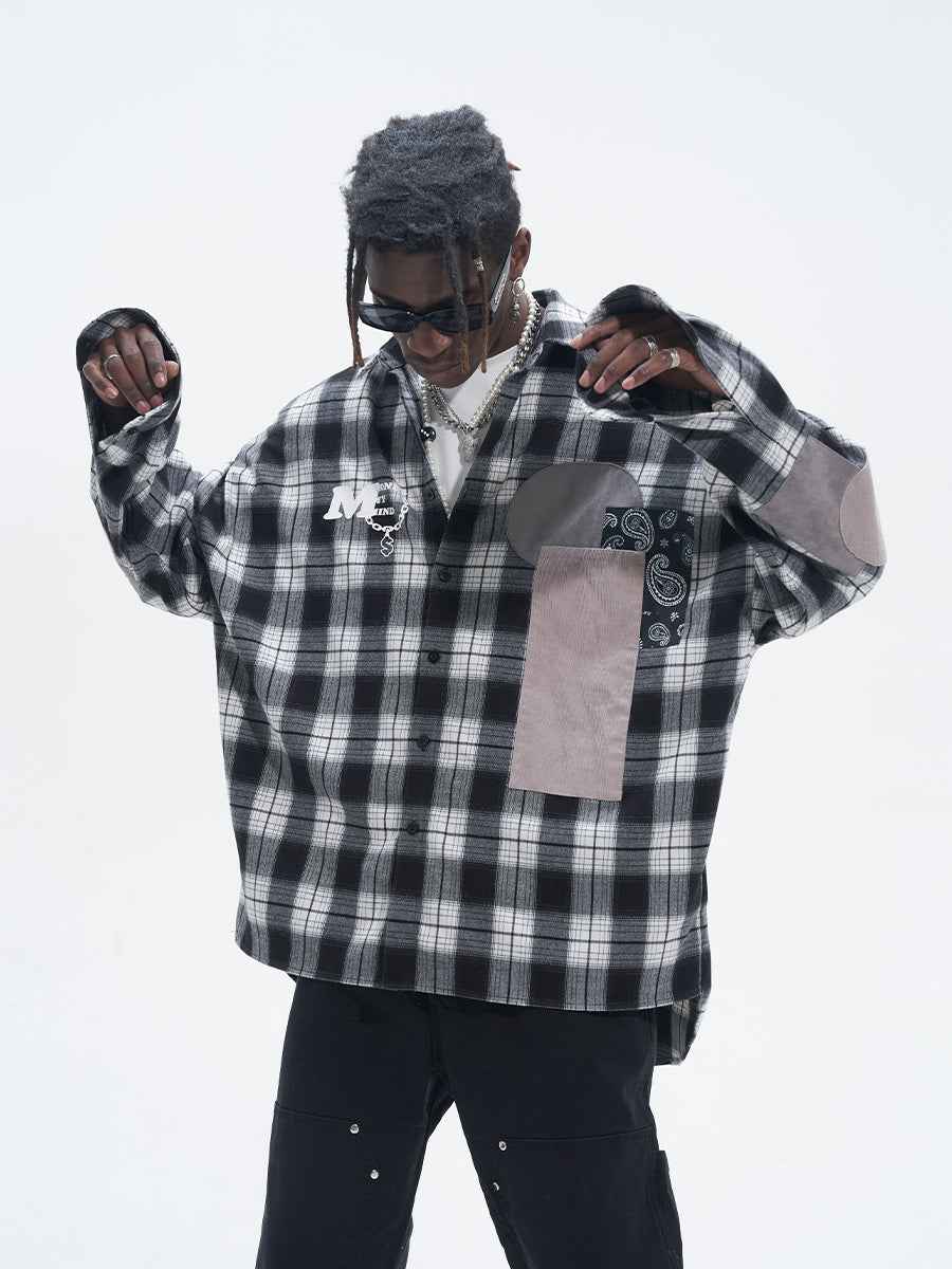 Street Hip Hop Fabric Patchwork Plaid Loose Casual Long Sleeve Shirt For Men null