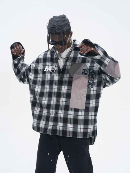 Street Hip Hop Fabric Patchwork Plaid Loose Casual Long Sleeve Shirt For Men null