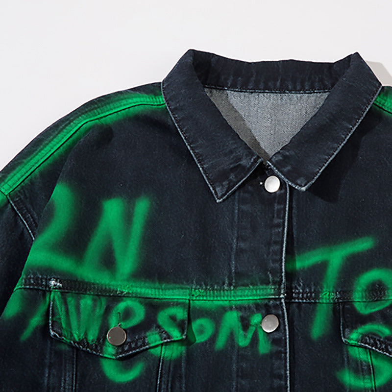 Hip Hop American Letters Inkjet Patterned Denim Jacket For Men And Women