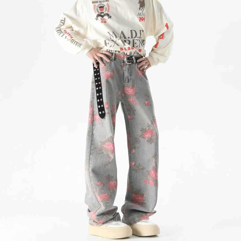 Men's Peony Jacquard Washed Loose Jeans MuddyStock