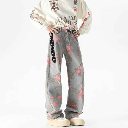 Men's Peony Jacquard Washed Loose Jeans MuddyStock