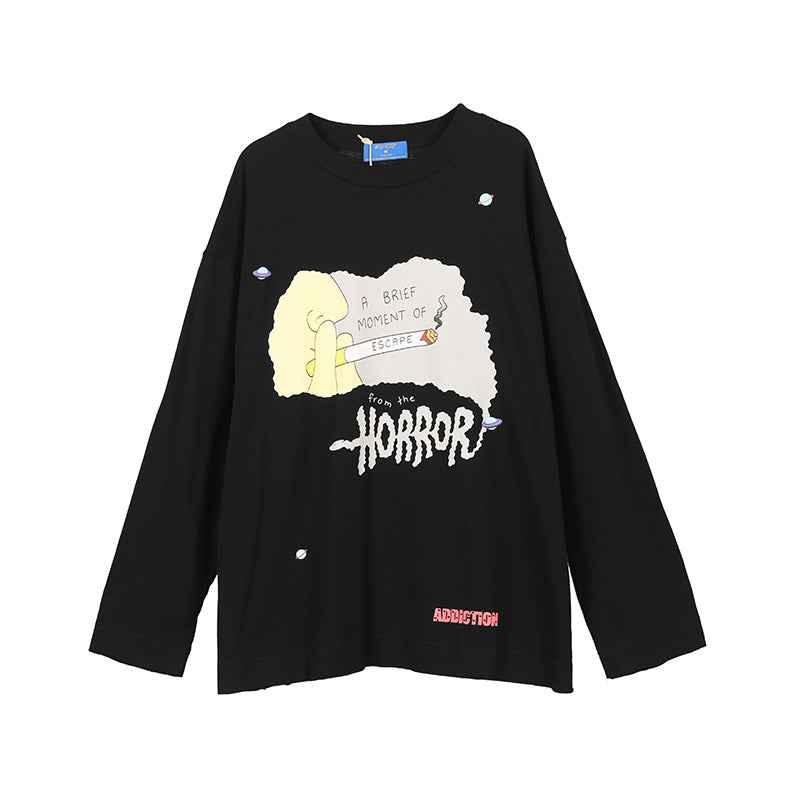Thin Cartoon Print Pullover Long-sleeved T-shirt For Women Black null