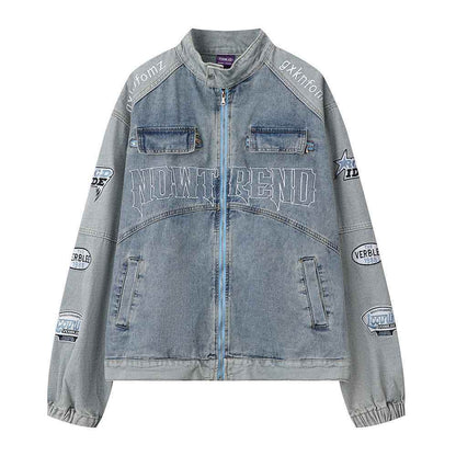 Men's Stitching Embroidered Letters Washed And Worn Zipper Denim Coat For Men And Women MuddyStock