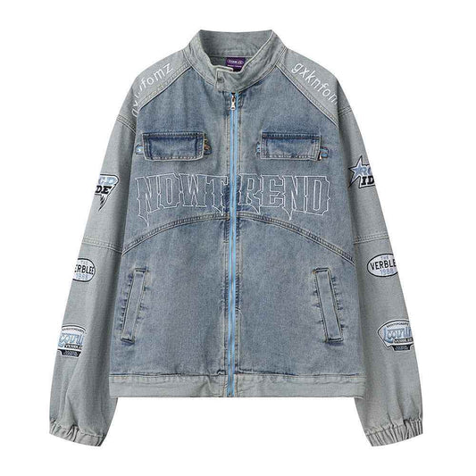 Men's Stitching Embroidered Letters Washed And Worn Zipper Denim Coat For Men And Women MuddyStock