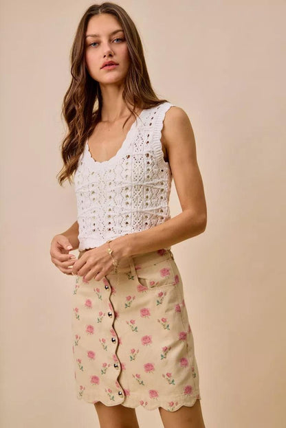 Floral Rose Print Cotton Twill Scallop Mini Skirt
