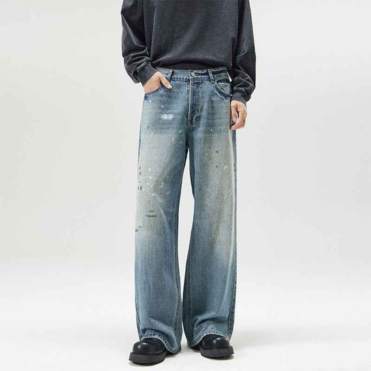 American-style Splash-ink Washed Loose Jeans For Men MuddyStock