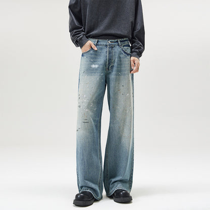 American-style Splash-ink Washed Loose Jeans For Men Ice Blue MuddyStock