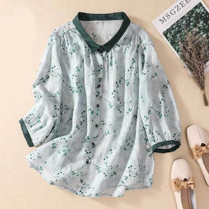 Cotton And Linen Top Women's Loose Printed Linen Shirt Green