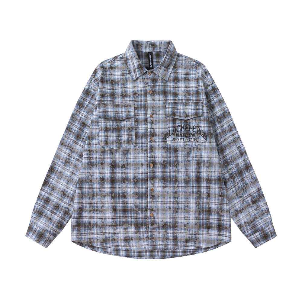 Distressed Washed Plaid Long-sleeved Shirt For Men And Women null