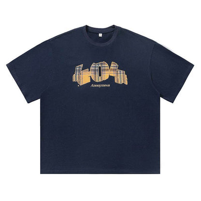 Plaid Digital Printing Short Sleeve Summer New Navy Blue MuddyStock