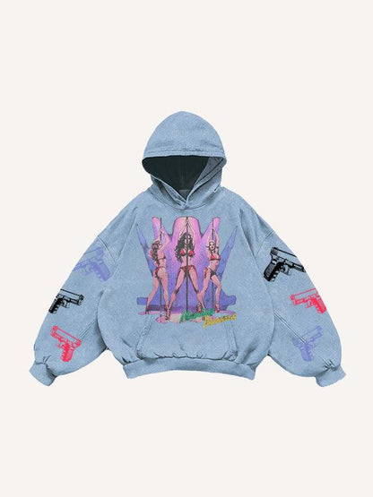 Casual Printed Polyester Hoodie Blue