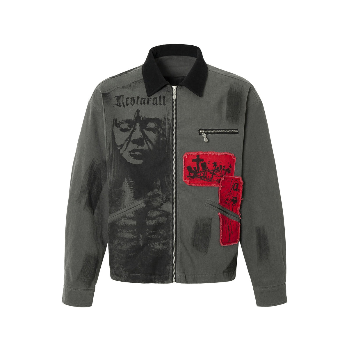 Real Shot American Retro Red And Black Patch Detroit Jacket For Men Gray All Products