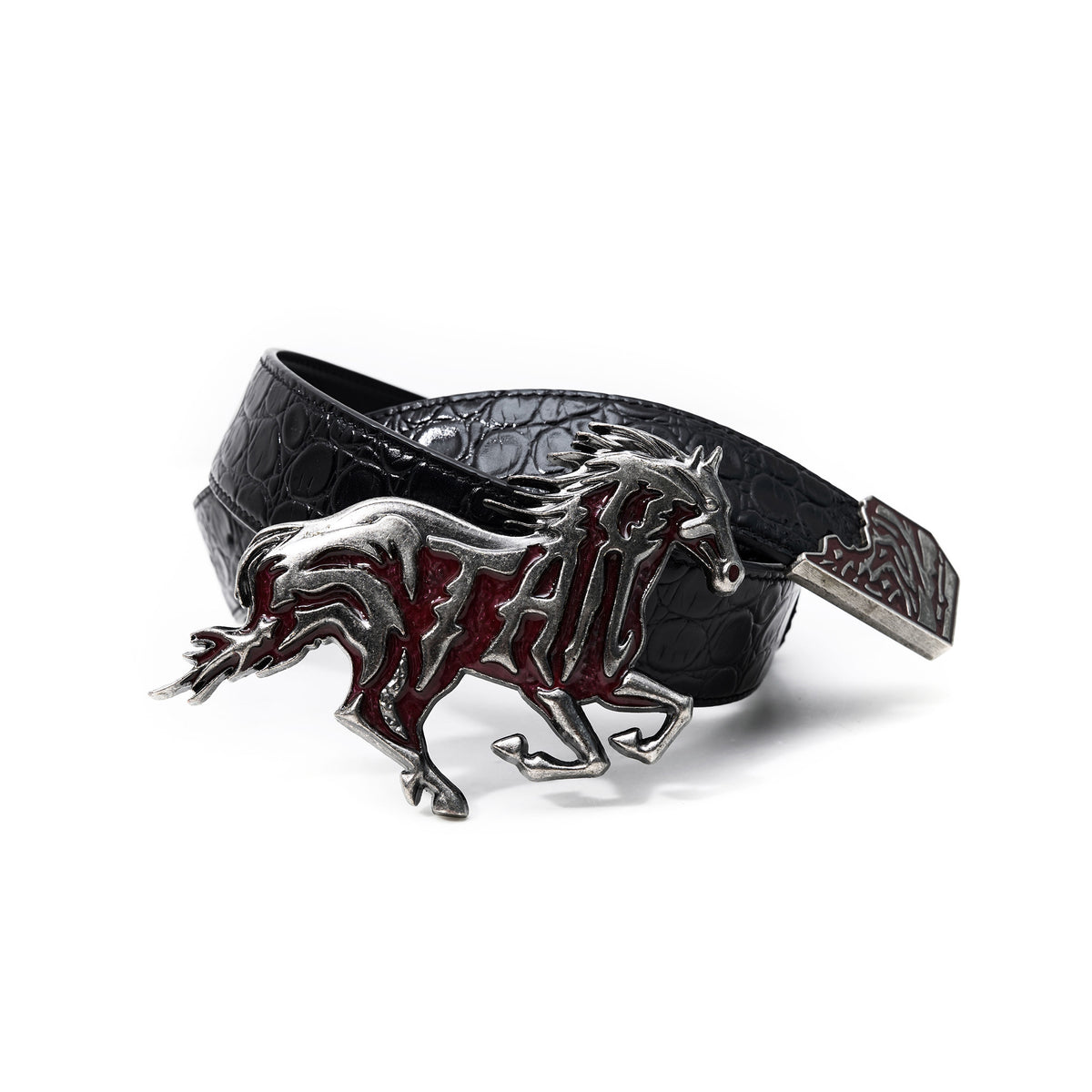 Textured Embossed Full-grain Leather Belt Wine Red