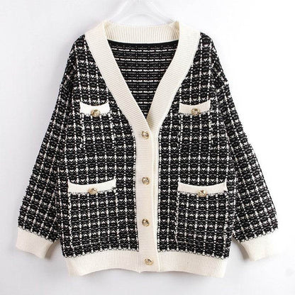 Knitted Jacket Women's Cardigan Plaid Loose Thickening Small Fragrance Style Foreign Style Black Onesize MuddyStock