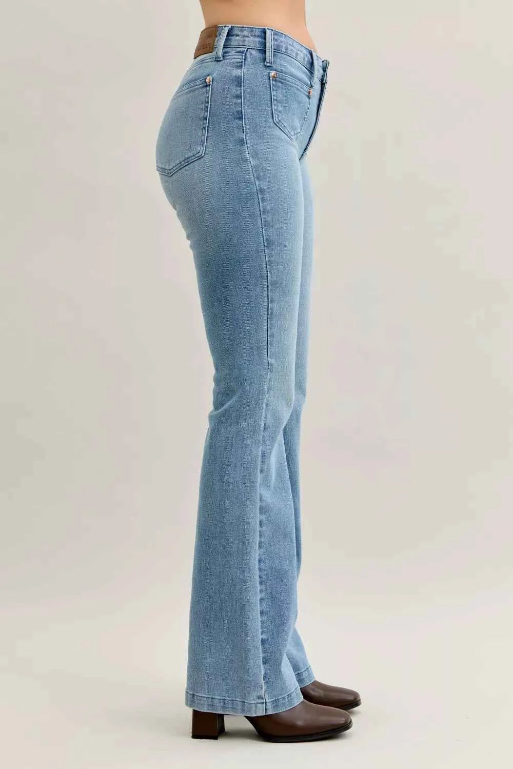 Judy Blue Full Size Mid Rise Bootcut Jeans with Contrast Wash & Front Patch Pockets For Women Trendsi