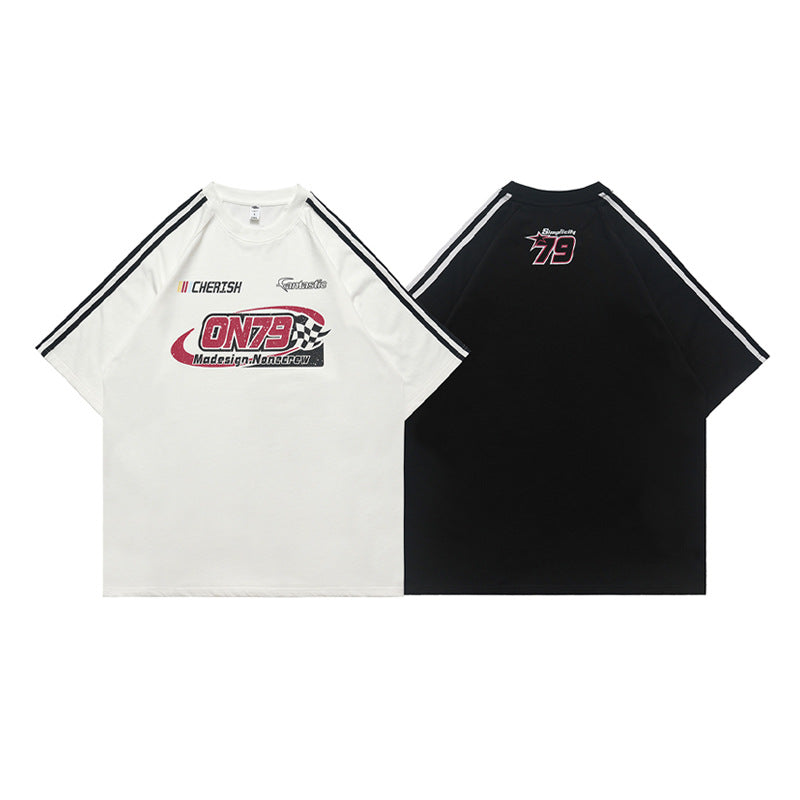 American Retro Raglan Racing Car Distressed Printed Cotton Short-sleeved T-shirt Men And Women Couple Summer Top