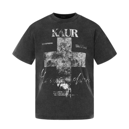 Mottled Cross-printed Washed-and-distressed T-shirt For Men Black