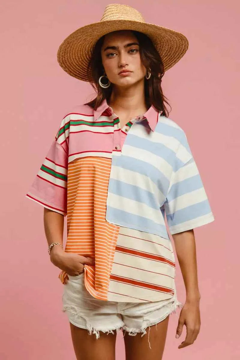 Mix And Match Stripe Color Block T-shirt For Women Trendsi