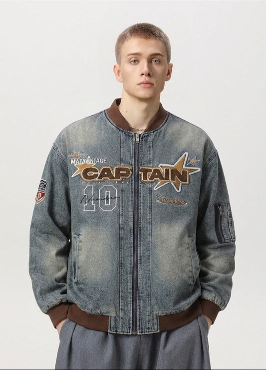 Letter Patch Embroidered Denim Baseball Jacket For Men MuddyStock null