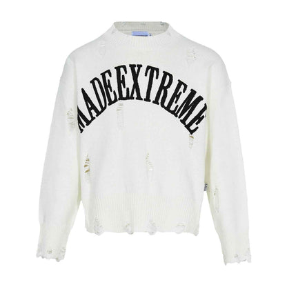 Letter Idle Style Wormhole Damaged Knitted Sweater For Men And Women White MuddyStock