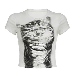 Women's Street Style Cat Printing Short-sleeved T-shirt White