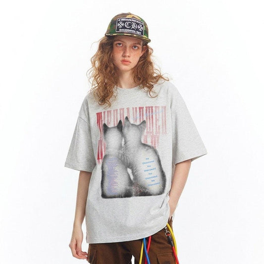 Two cats printed pure cotton t-shirt for women | MuddyStock Originals