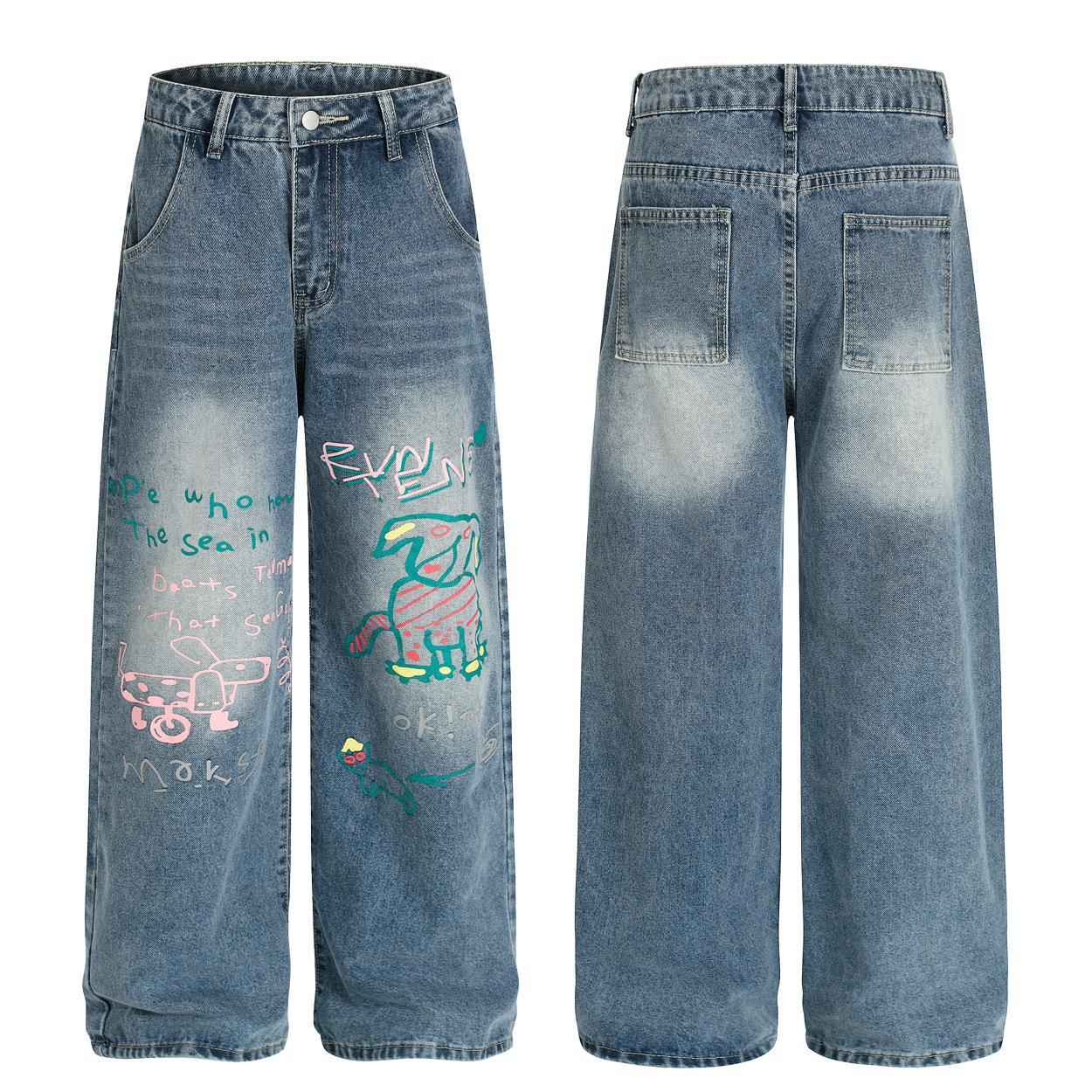 Fun retro graffiti puppy print jeans for women | MuddyStock Originals MuddyStock