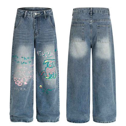 Fun retro graffiti puppy print jeans for women | MuddyStock Originals MuddyStock