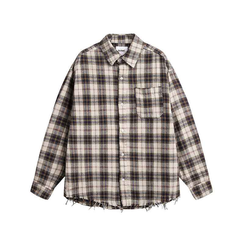 Vintage Brushed Plaid Long Sleeve Shirt For Men Beige Gray Grid null