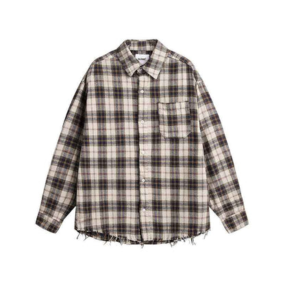Vintage Brushed Plaid Long Sleeve Shirt For Men Beige Gray Grid null