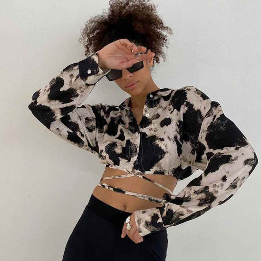 Women's Long Sleeve Tie Dye Lapel French Style Top MuddyStock