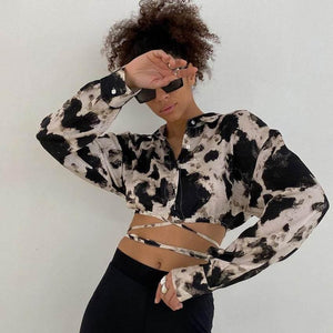 Women's Long Sleeve Tie Dye Lapel French Style Top Black
