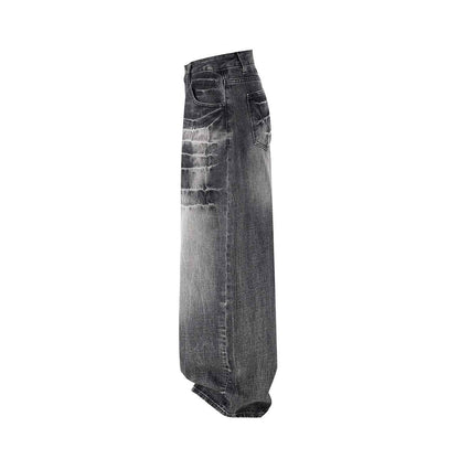 Retro Washed Distressed Loose-fit Wide-leg Denim Pants For Men And Women