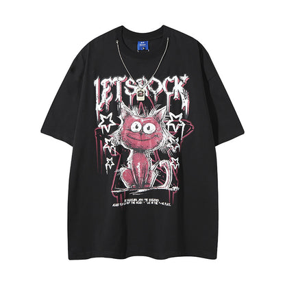 Streetwear Cartoon Cat Graffiti Letter T-Shirt with Necklace For Men And Women | MuddyStock Originals Black MuddyStock