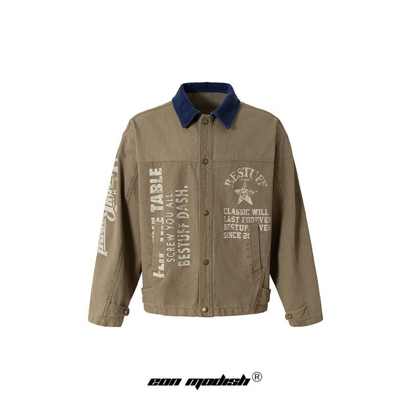 Street Style High-Street Spliced Collar Printed Work Jacket For Men | MuddyStock Originals